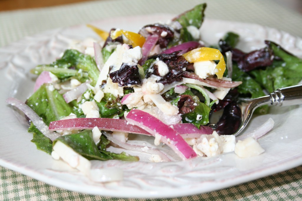 Spring Greens with kalamata and sweet onion and pepper salad