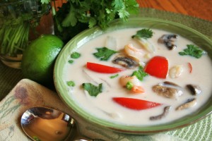 Rich and creamy Tom ka soup with coconut milk