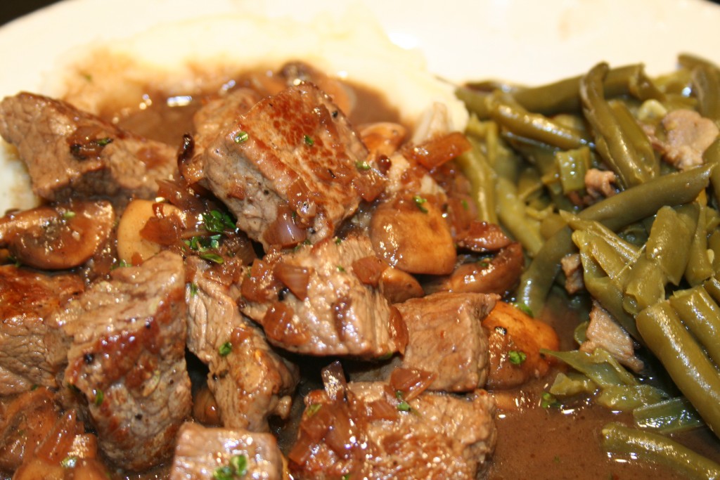 Steak tips with mushrooms in a red wine shallot sauce