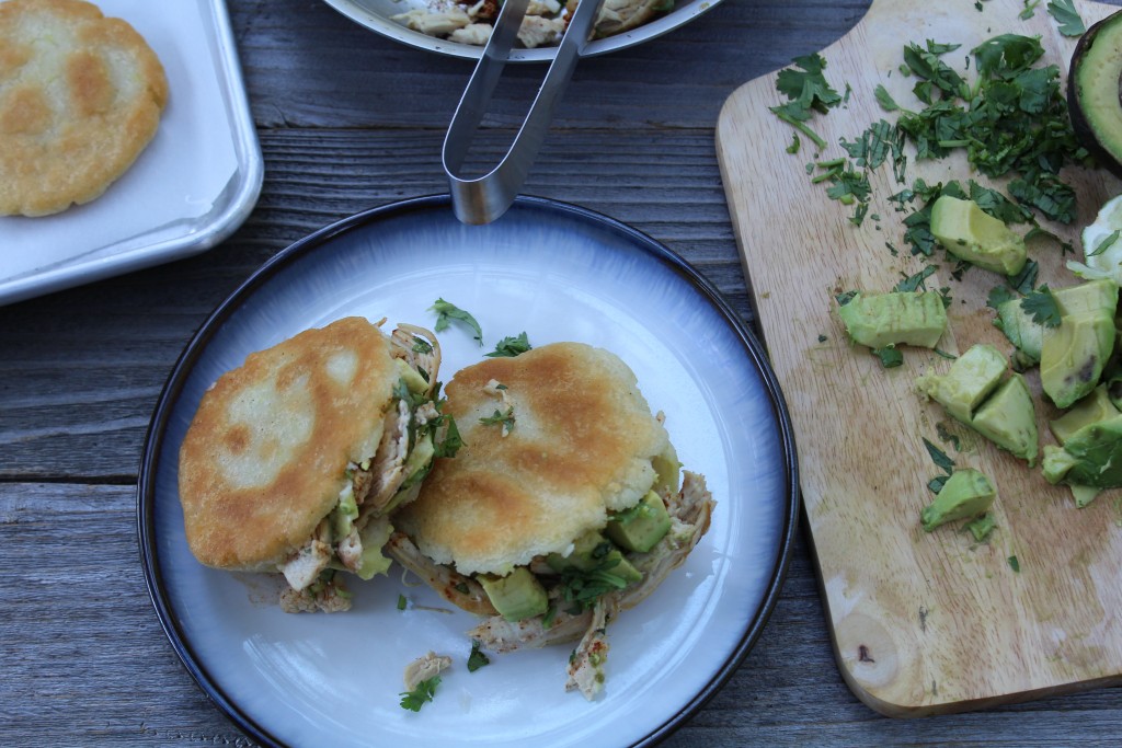 gluten free masa arepas stuffed with chicken, avocado and lime