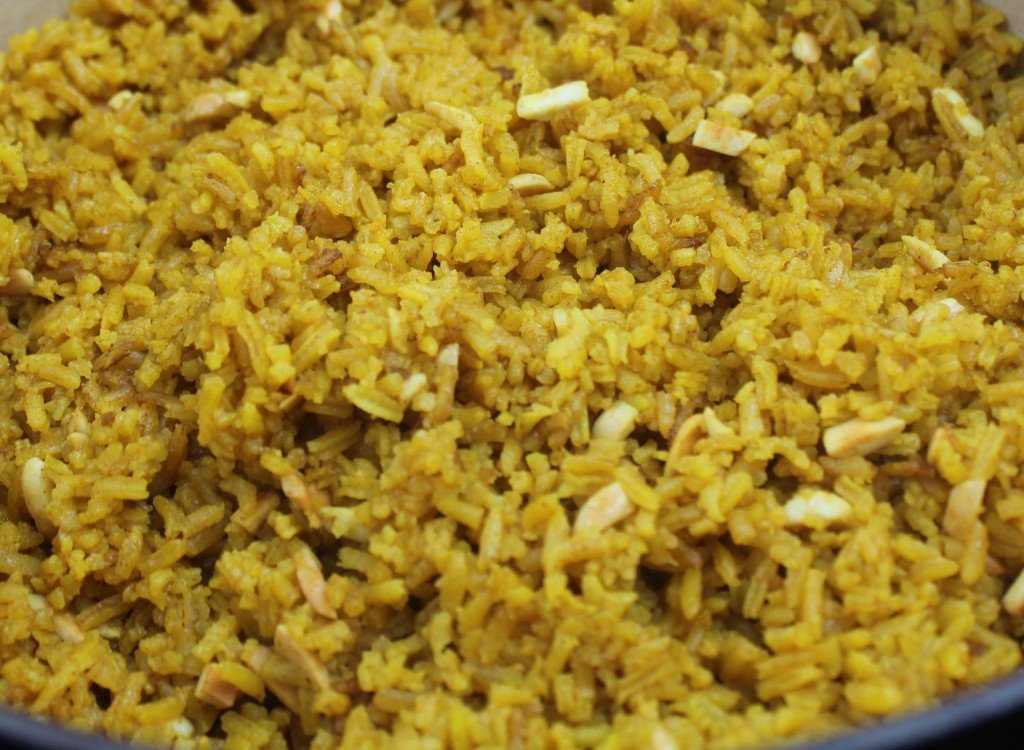 golden saffron rice pilaf with slivered almonds