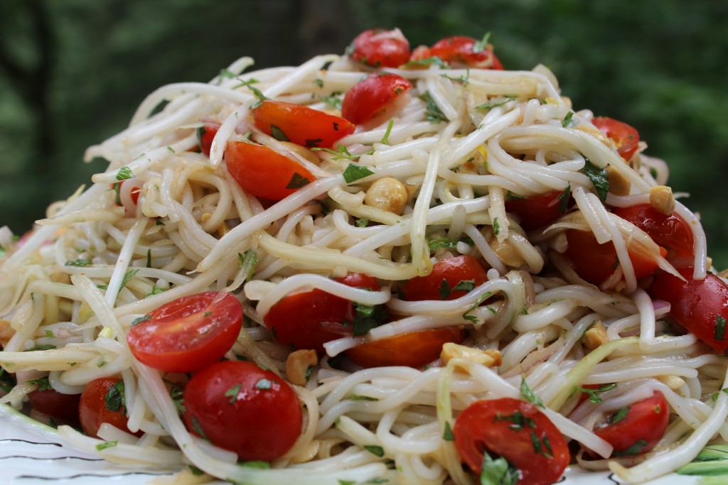 Fresh and fast green papaya salad with gluten free rice noodles