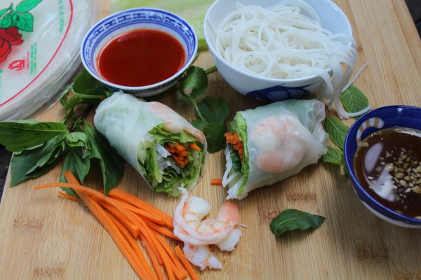 Shrimp spring rolls with Thai basil, mint and cilantro