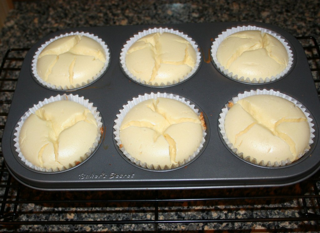 cheesecake muffins, still puffed from the oven, made with gluten free crusts