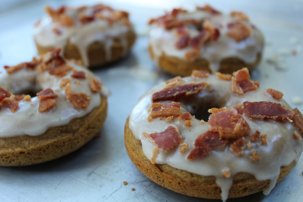pumpkin spice donuts with maple glaze and bacon bits, gluten free