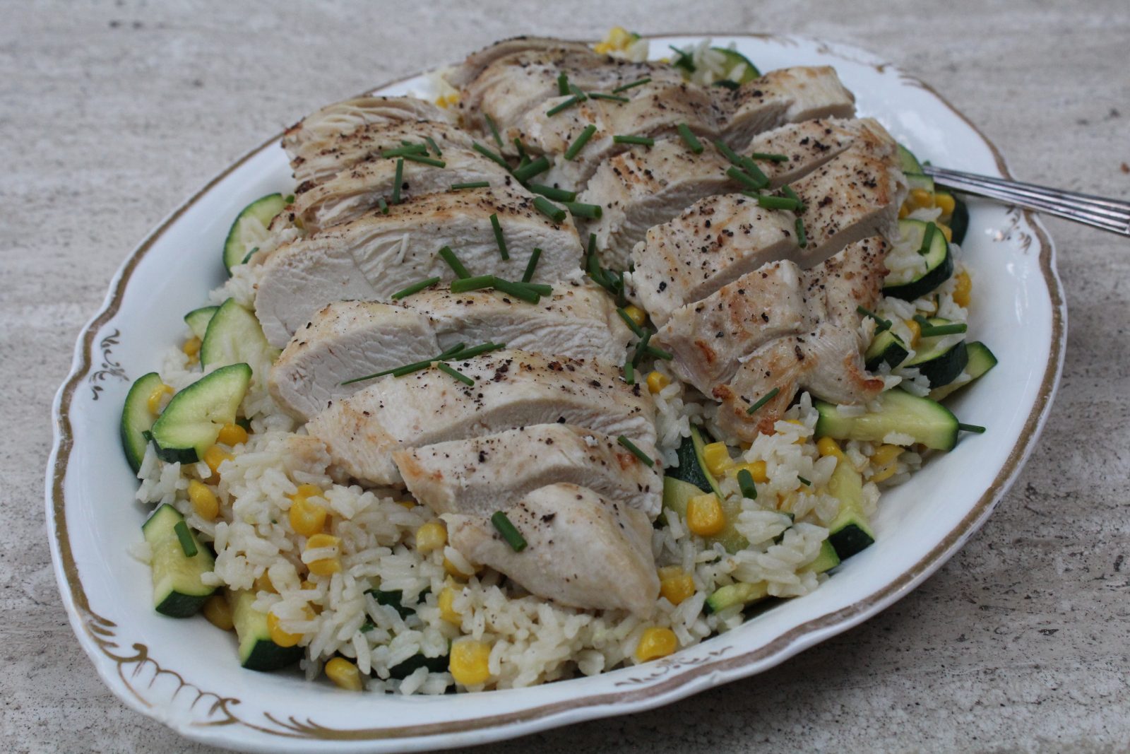 chicken with garden fresh rice and vegetables